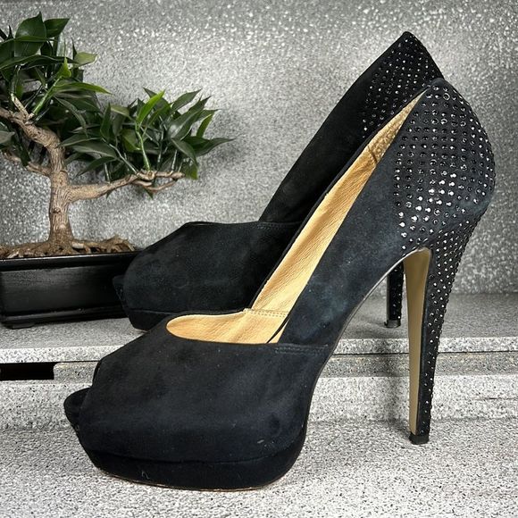 Aldo Eliers Black Rhinestone Embellished Peep Toe Pumps Heels Shoes Size 9 - Picture 3 of 10